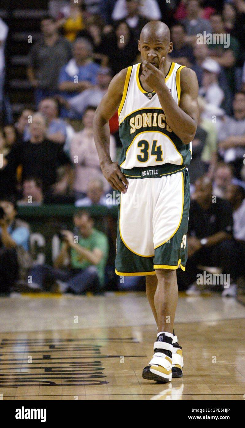 Seattle SuperSonics' Ray Allen reacts to a play late in the game