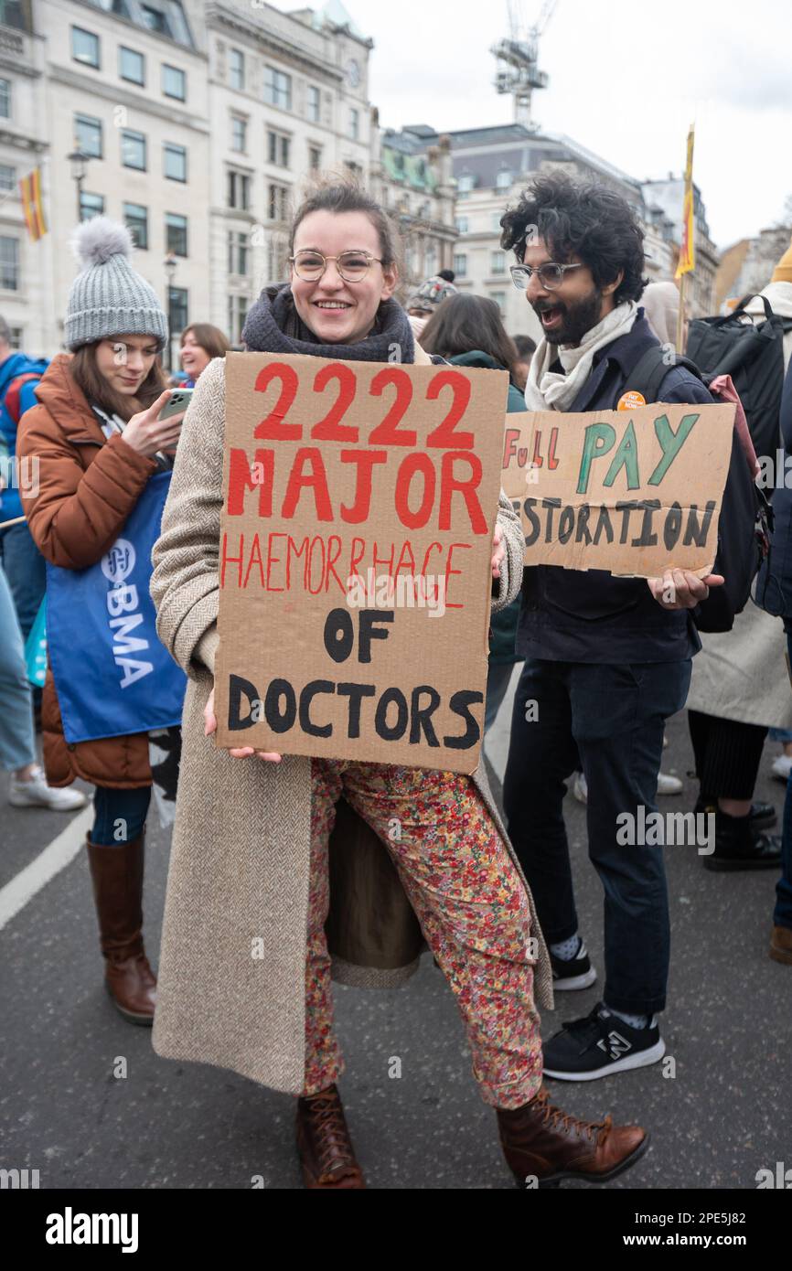 London/UK 15 MAR 2023. Thousands of workers took the the street to protest for fair pay and conditions. They were joined with striking Teachers, junior doctors, civil servants, university staff, Amazon workers and London Underground. Aubrey Fagon/Alamy Live News Stock Photo