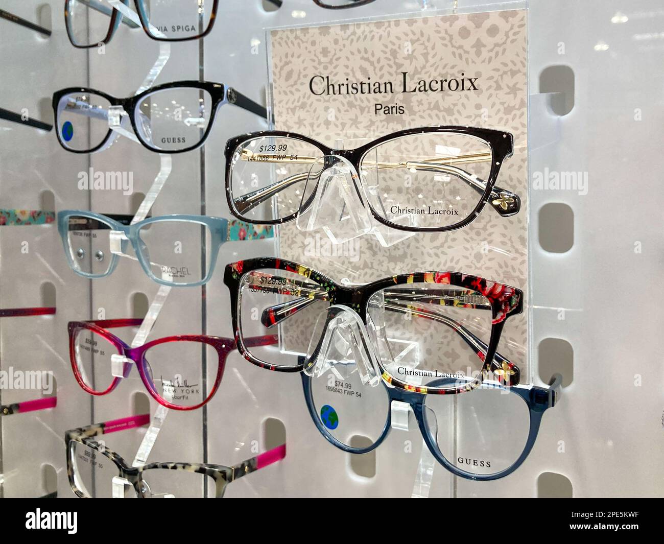 ST. PAUL, MN, USA - FEBRUARY 6, 2023:Christian Lacroix Paris  eyewear display close-up and trademark logo. Stock Photo