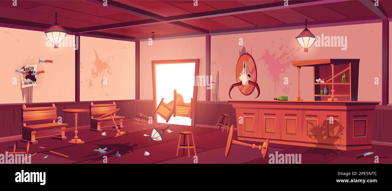 Mess in tavern after criminal fight. Vector cartoon illustration of wild west saloon with broken furniture and glass bottles on floor, stains on walls, overturned tables and damaged wooden door Stock Vector