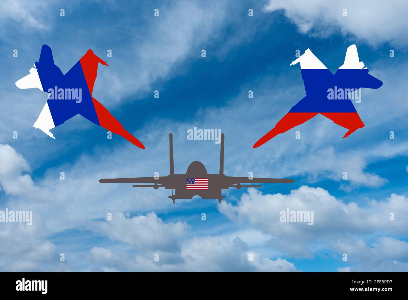Fighter jets in Russian flag colours flying close to drone with USA flag. Russia, USA, Cold War, Black Sea, attack, attacking...concept Stock Photo