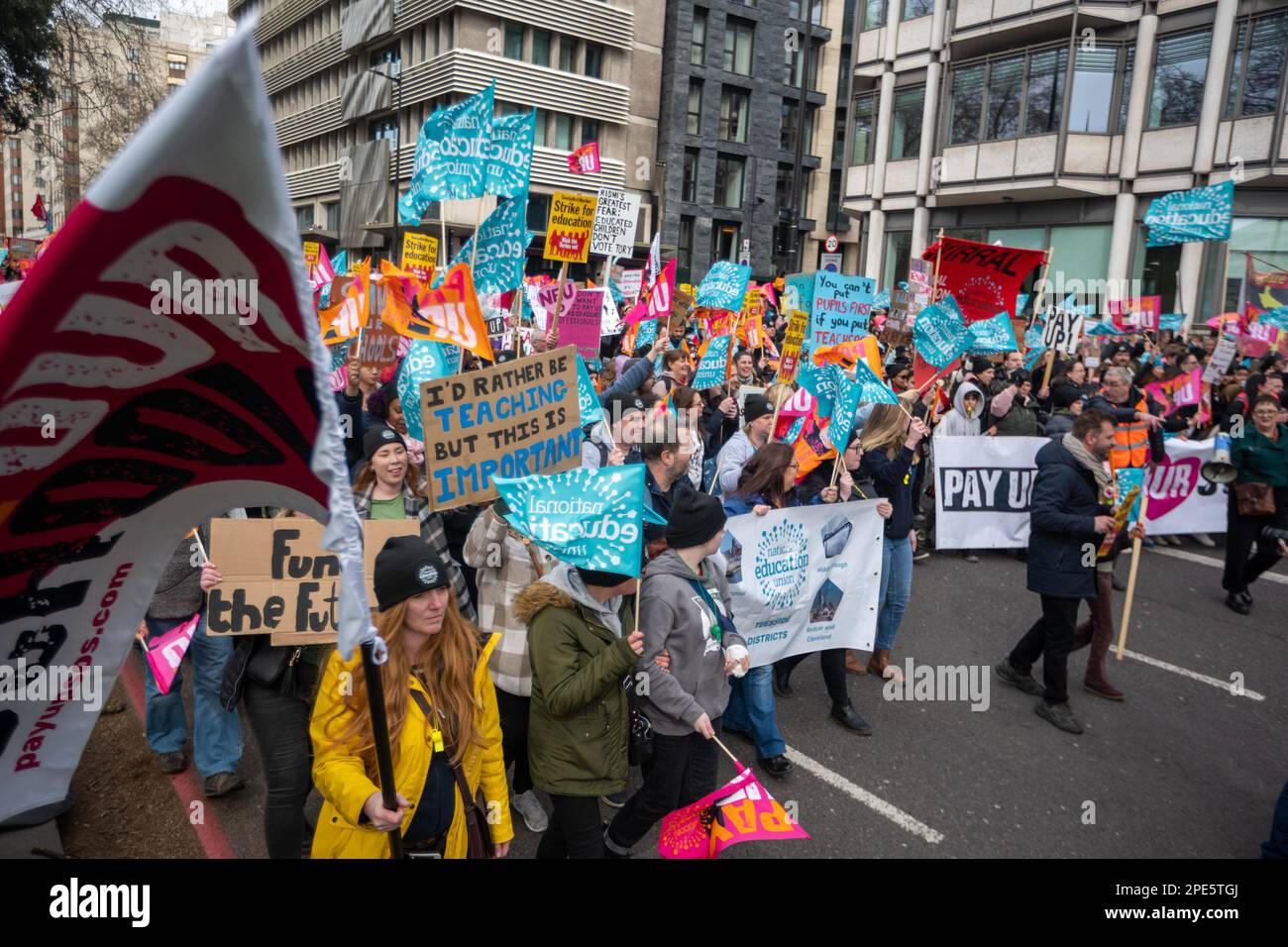 London/UK 15 MAR 2023. Thousands of workers took the the street to protest for fair pay and conditions. They were joined with striking Teachers, junior doctors, civil servants, university staff, Amazon workers and London Underground. Aubrey Fagon/Alamy Live News Stock Photo