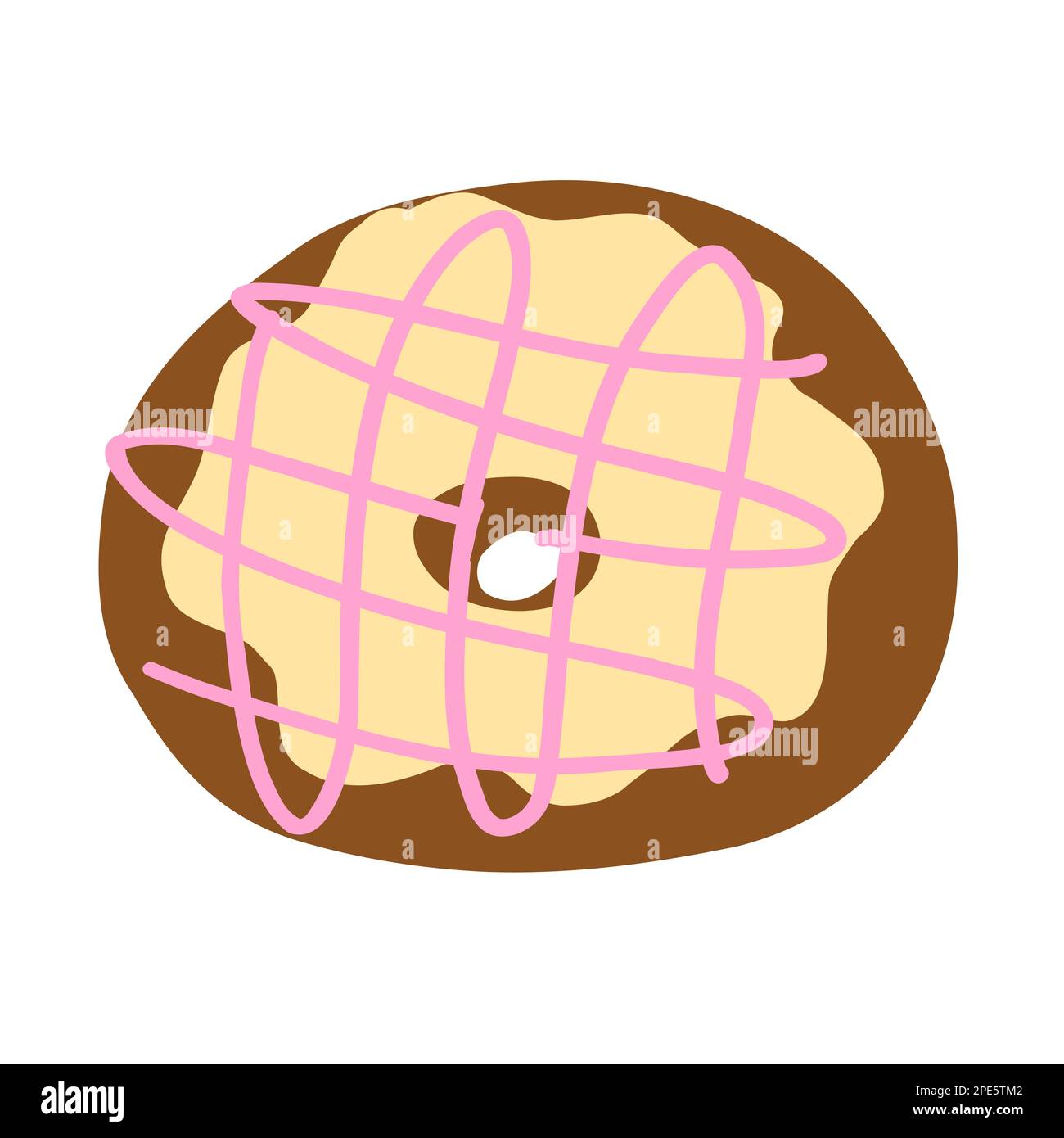 Donut ring in cartoon flat style. Pink glaze on a vanilla cream with ...