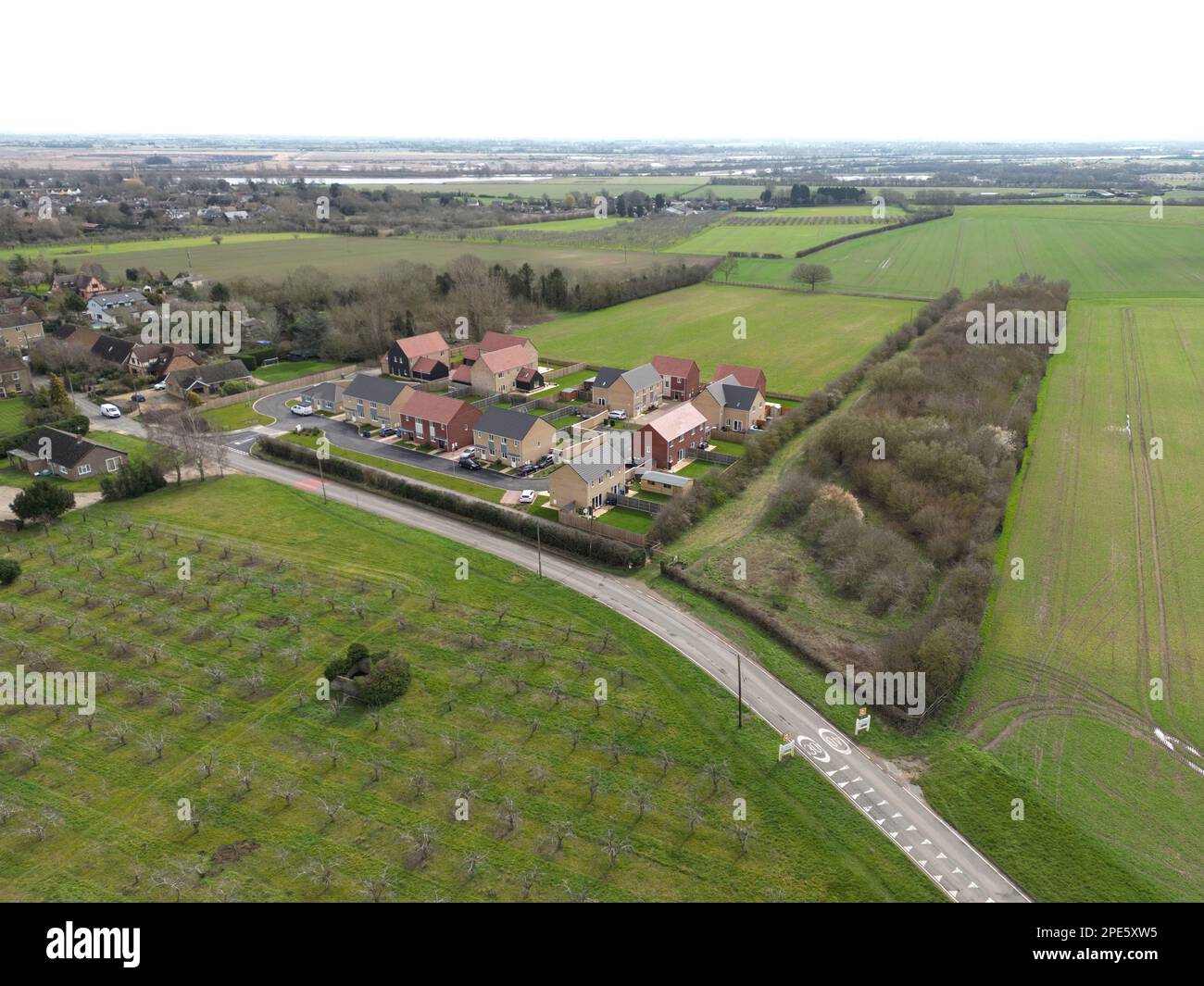 Aerial view of a new social and private housing development at the edge of an East Anglian village. Stock Photo