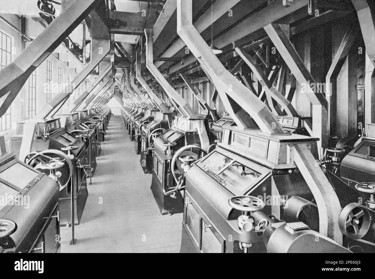 The main roller floor at Millennium Mills, Royal Victoria Docks, London, c1933. The original Millennium Mills building was designed and built in 1905 by William Vernon & Sons as a flour mill. Millennium Mills was rebuilt as a 10-storey concrete art deco building in 1933. Stock Photo