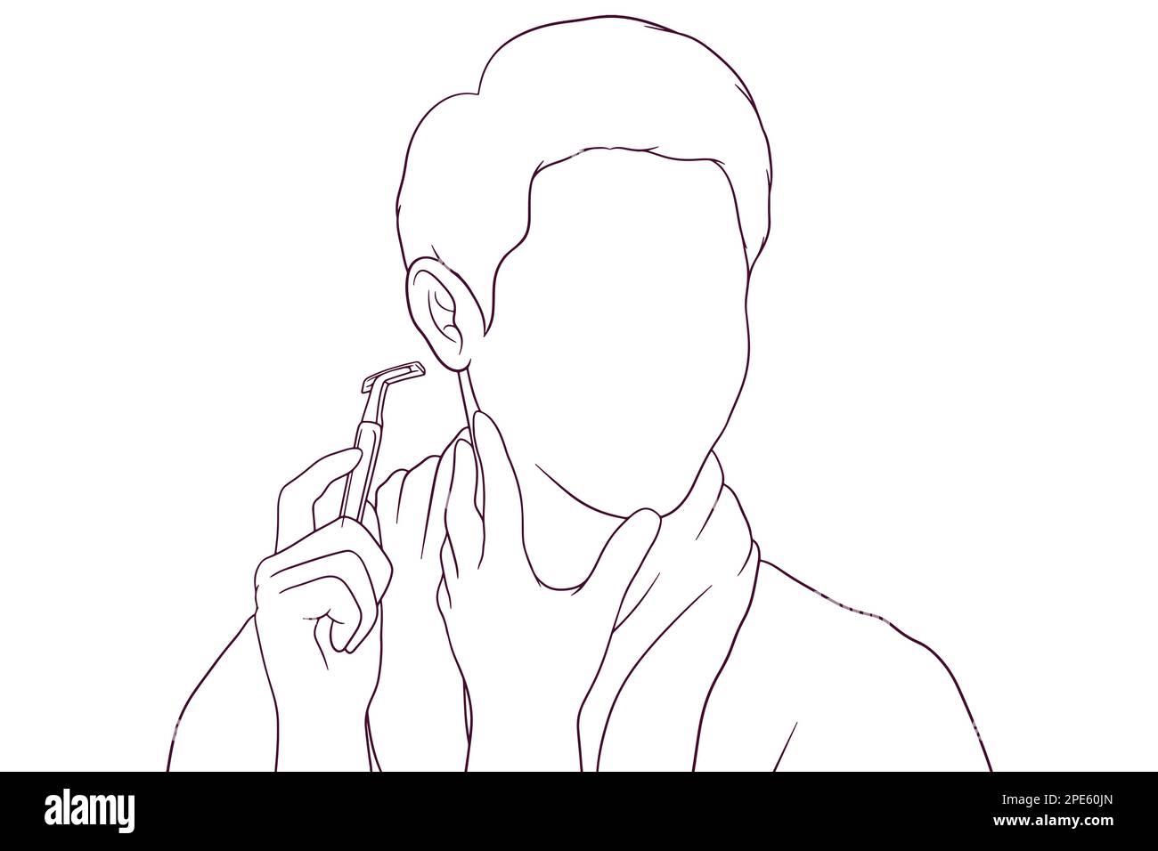 Young man shaving with razor blade hand drawn vector illustration Stock Vector