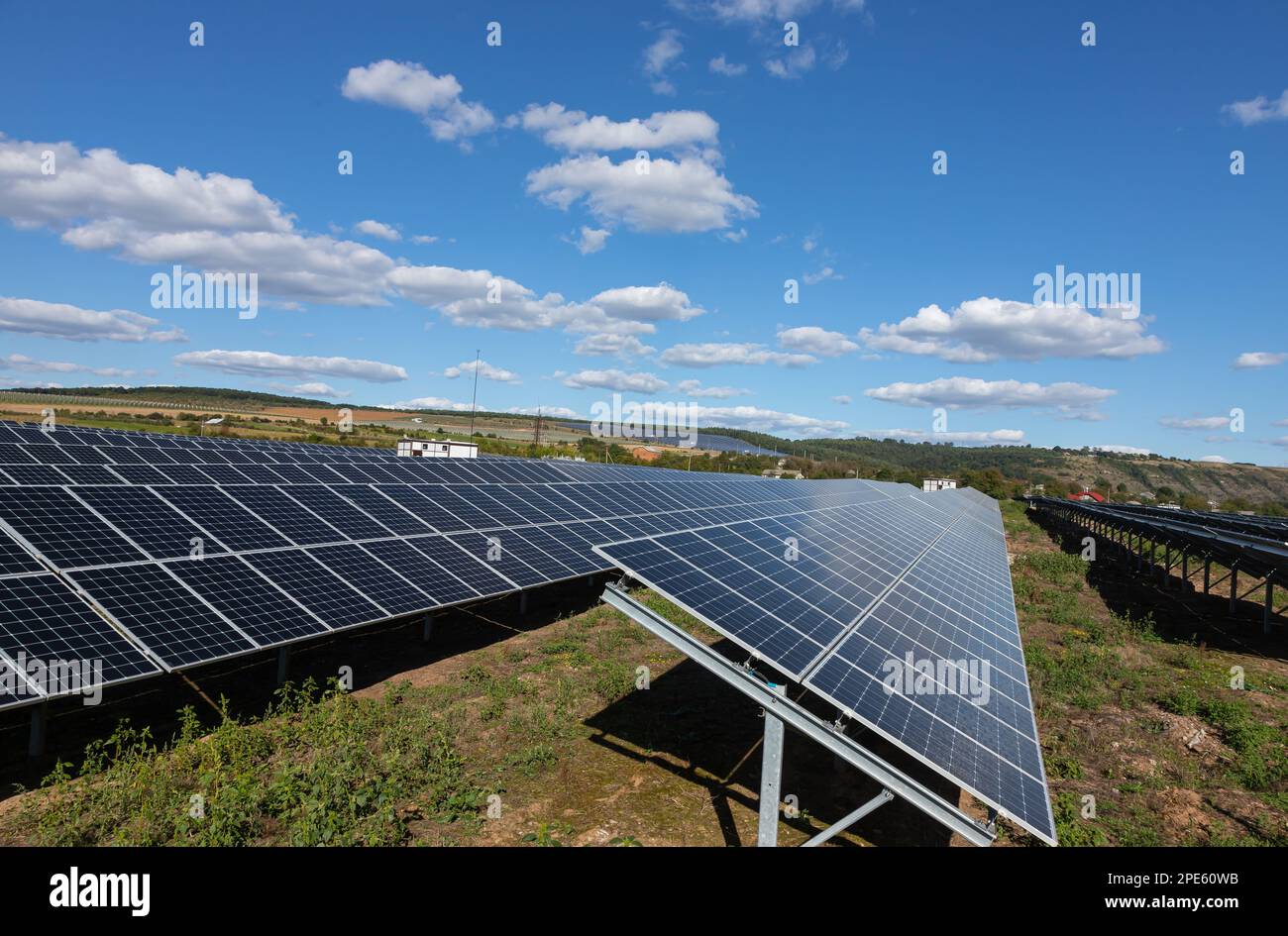 solar panels with the sunny sky. Blue solar panels. background of