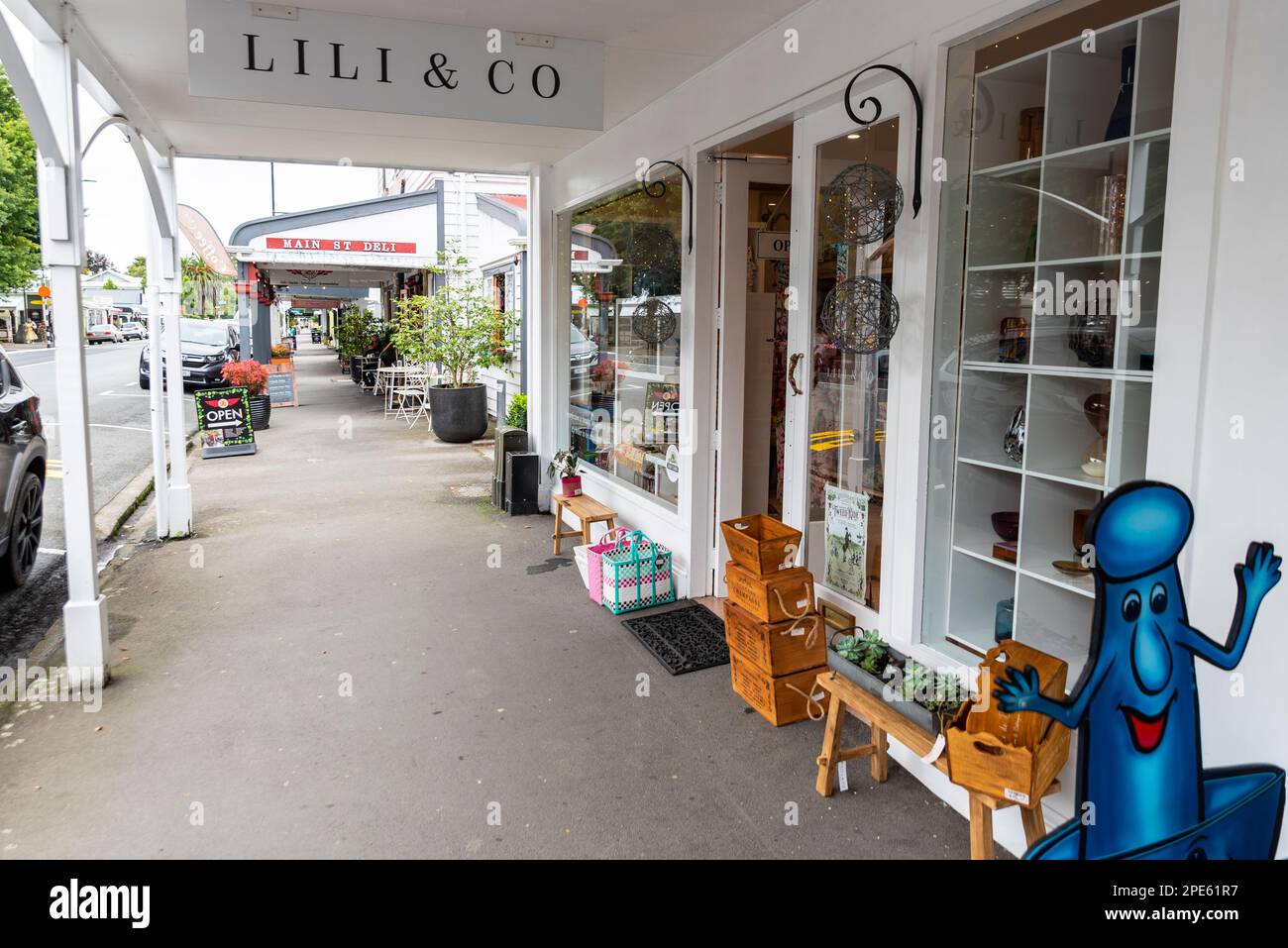 Quaint shops and stores in Main Street, Greytown, New Zealand. Historic