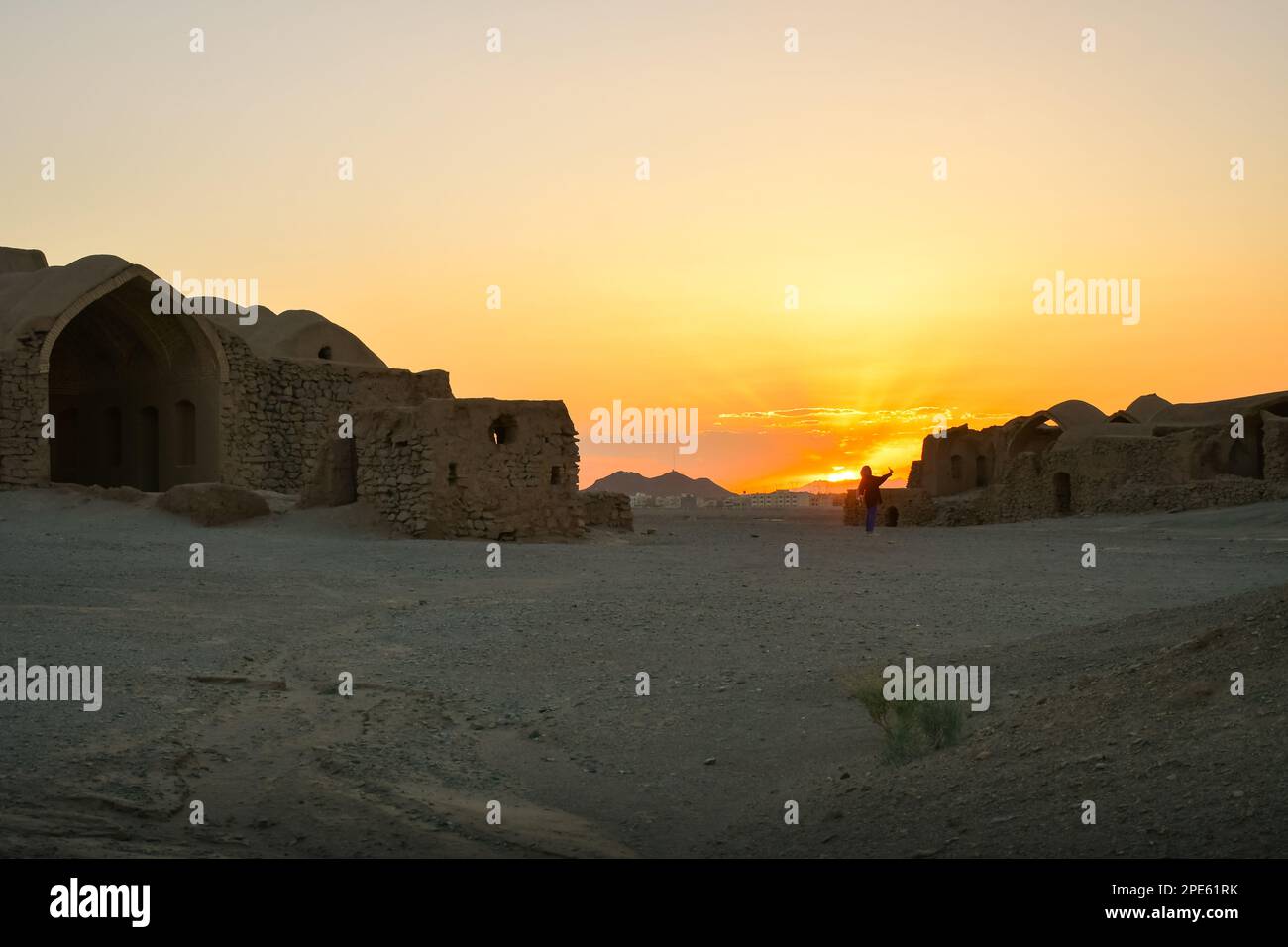 Yazd, Iran - May 2022: Ruins of Zoroastrians Dakhmeh Towers of Silence in Yazd city Stock Photo