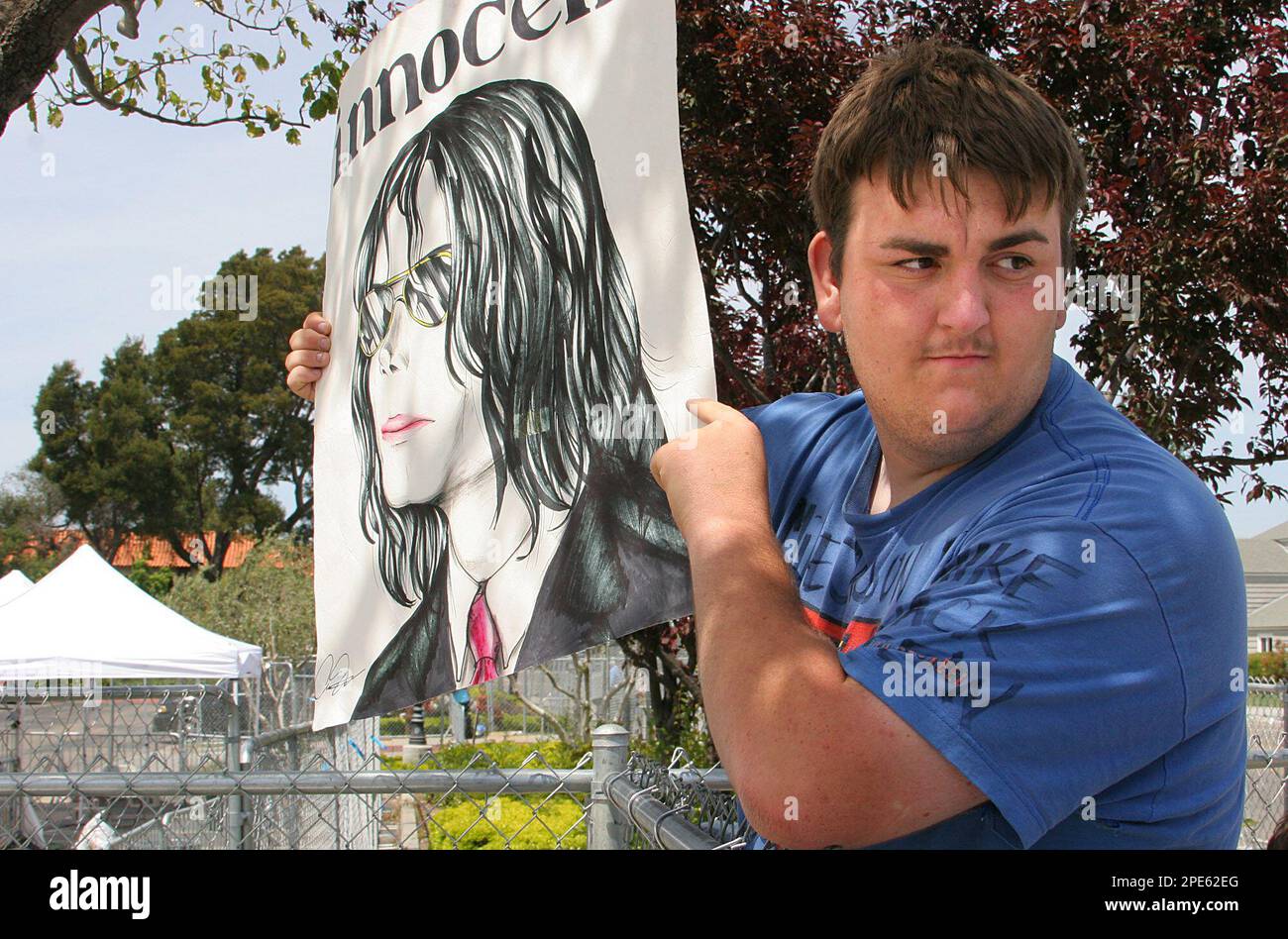 Michael Jackson fan B.J. Hickman holds a sign of support outside the Santa  Barbara County courthouse, Friday, May 13, 2005, in Santa Maria, Calif.  during Jacksons trial on charges of child molestation. (