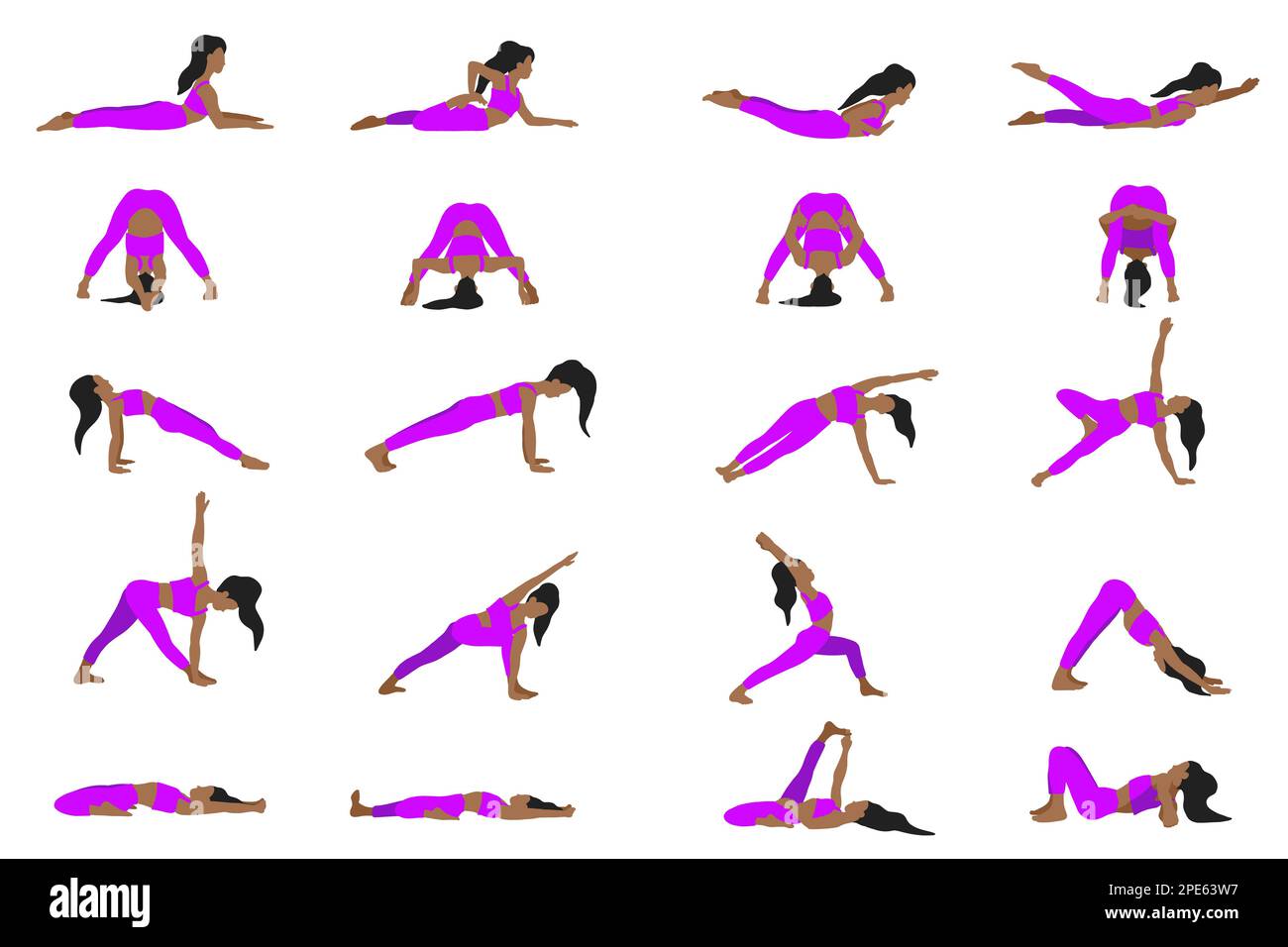 Flexibility yoga poses collection. African American longhair female