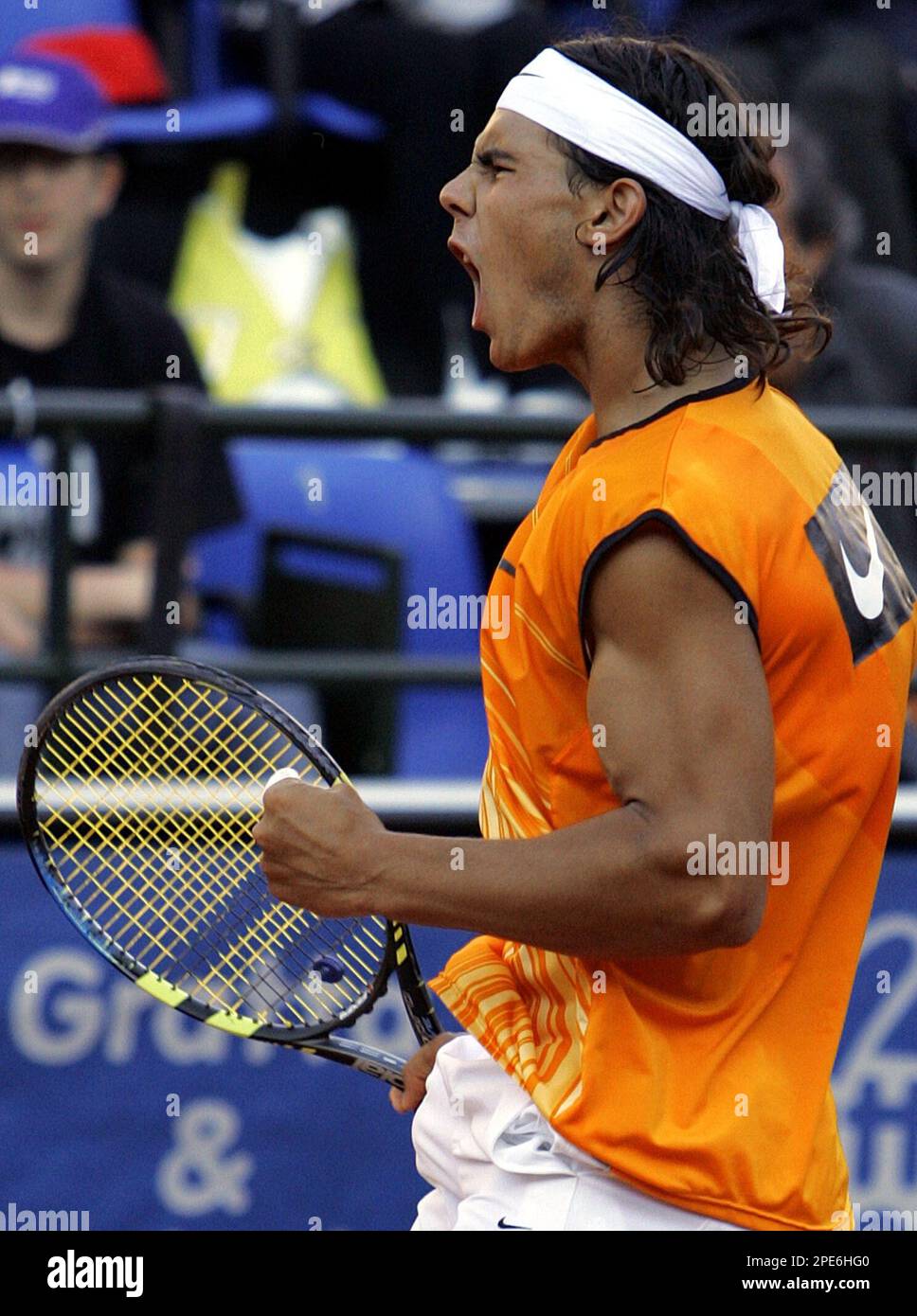 Spain's Rafael Nadal celebrates after winning a point to Czech Republic's  Radek Stepanek during the Rome Masters tennis tournment at Rome's Foro  Italico, Friday, May 6, 2005. Nadal beat Stepanek 5-7, 6-1,