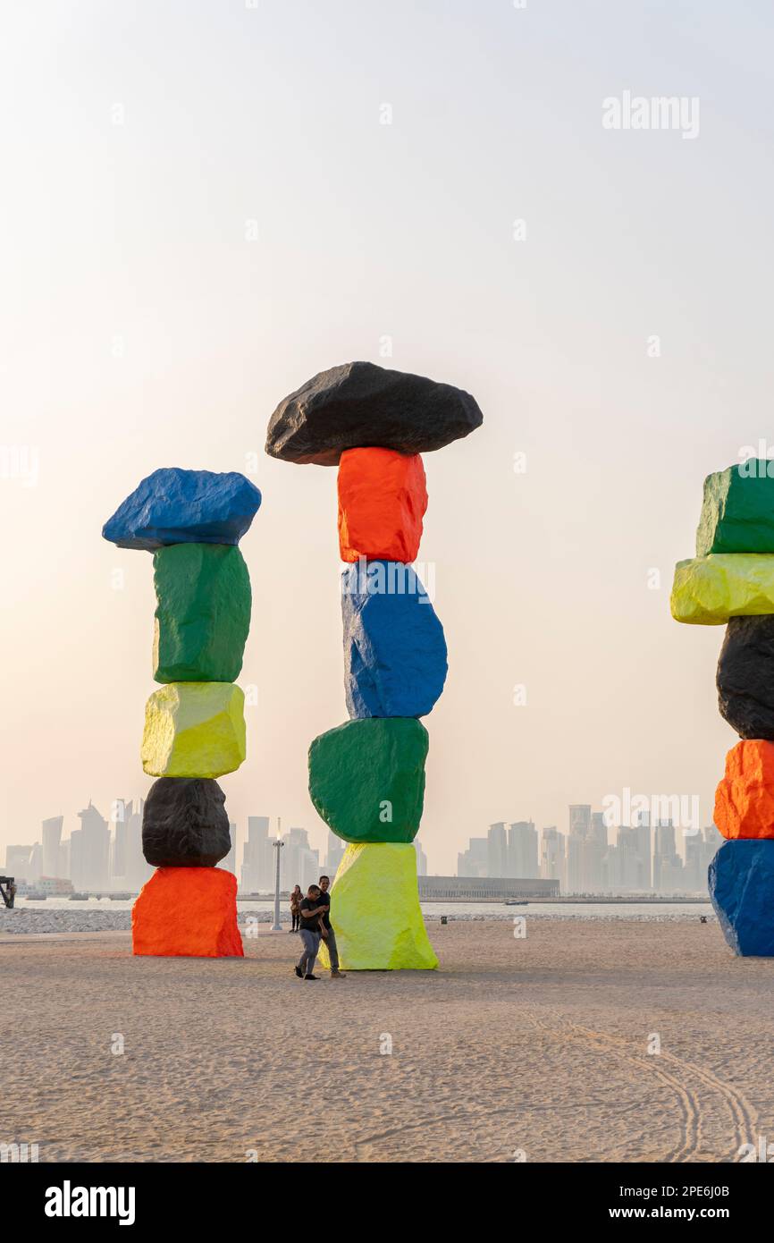 Doha Mountains by Ugo Rondinone, this sculptural installation combines geographical formations with abstract compositions. Stock Photo