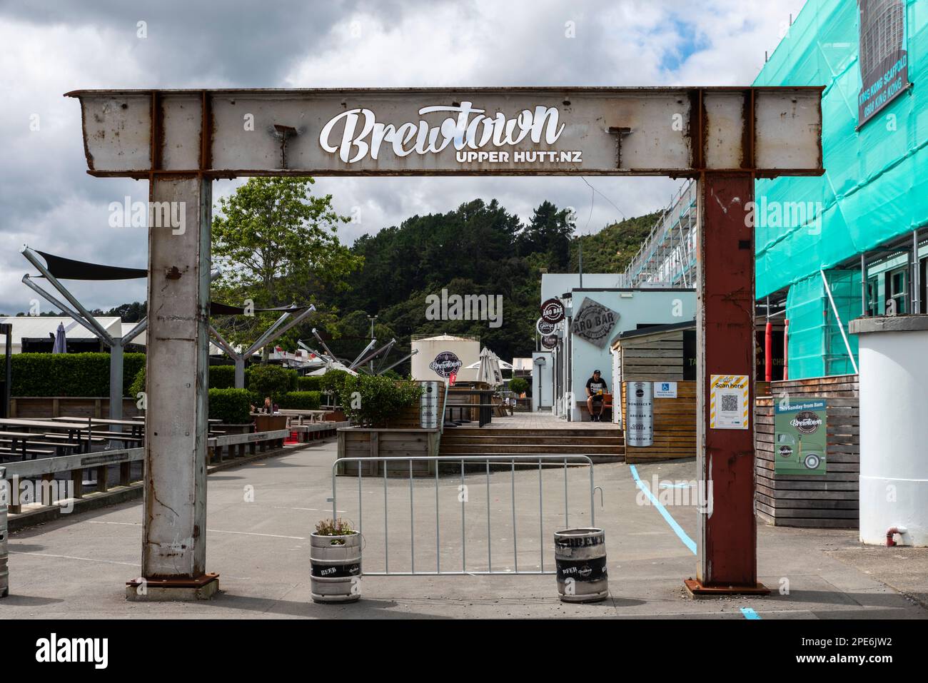 Brewtown in Upper Hutt, New Zealand, a visitor attraction with numerous craft beer breweries and a distillery in old Dunlop tyre factory Stock Photo