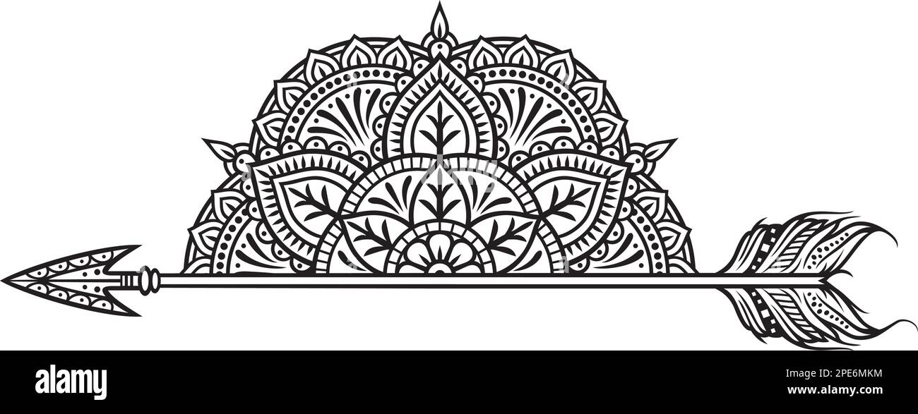 Half mandala and arrow symbol. Vector illustration. Stock Vector