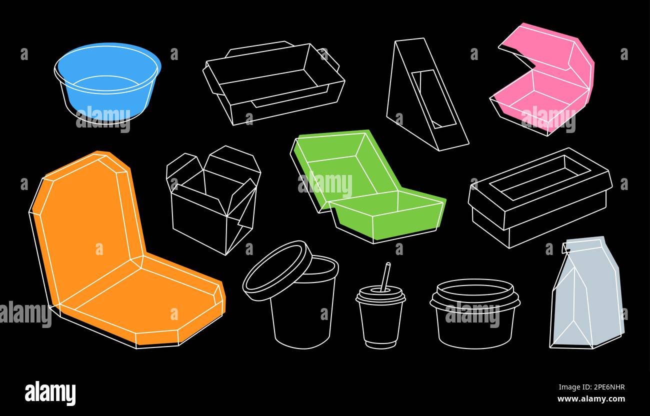 Takeaway cardboard containers set. Cardboard boxes for takeaway food