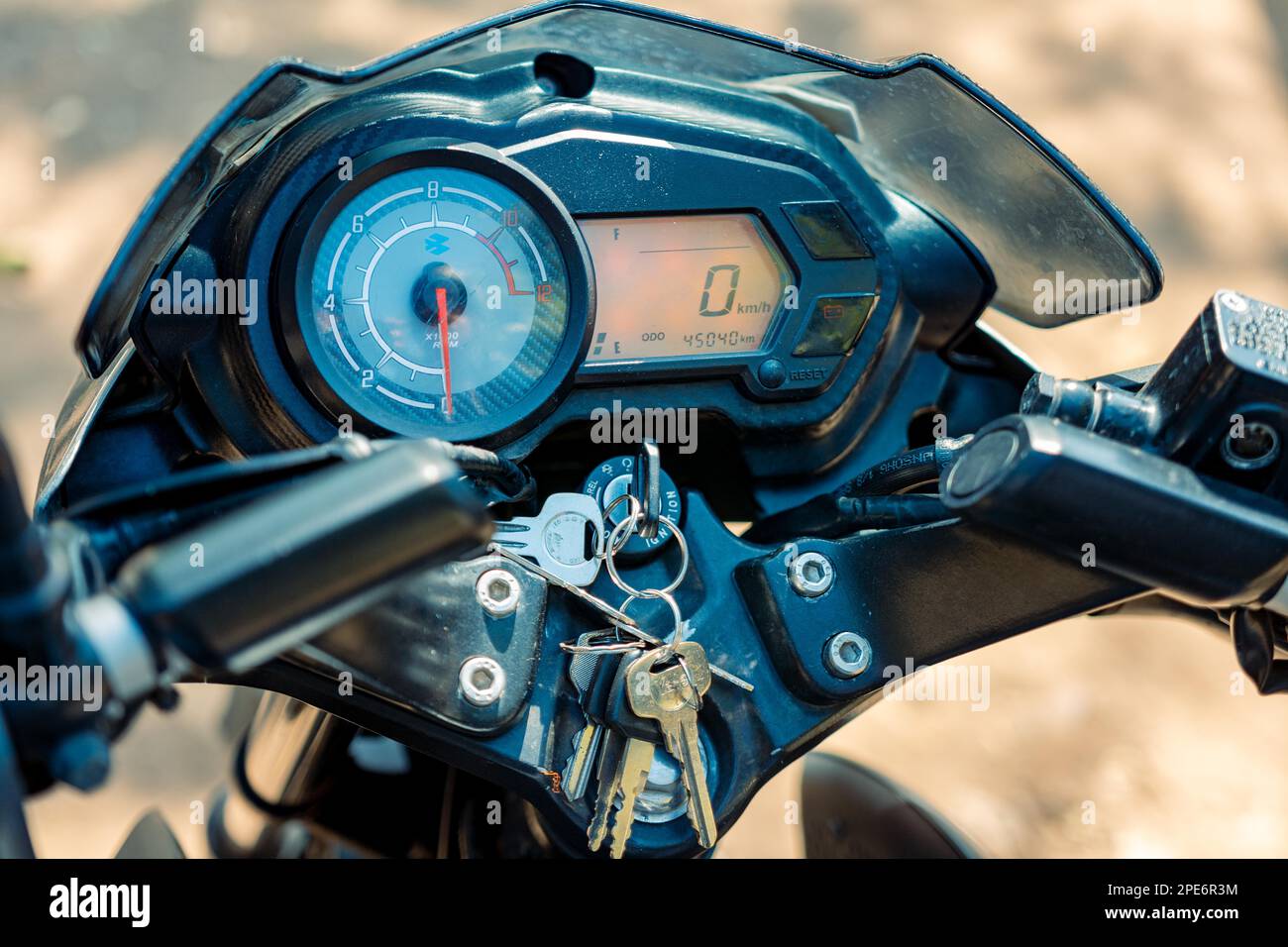 Close up of motorcycle dashboard, View of modern motorcycle control