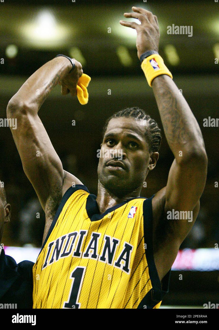 Indiana Pacers Stephen Jackson (1) tosses his headband to a fan after they  beat the Boston Celtics, 90-85, in Game 5 of their first round playoff  series in Boston Tuesday, May 3,