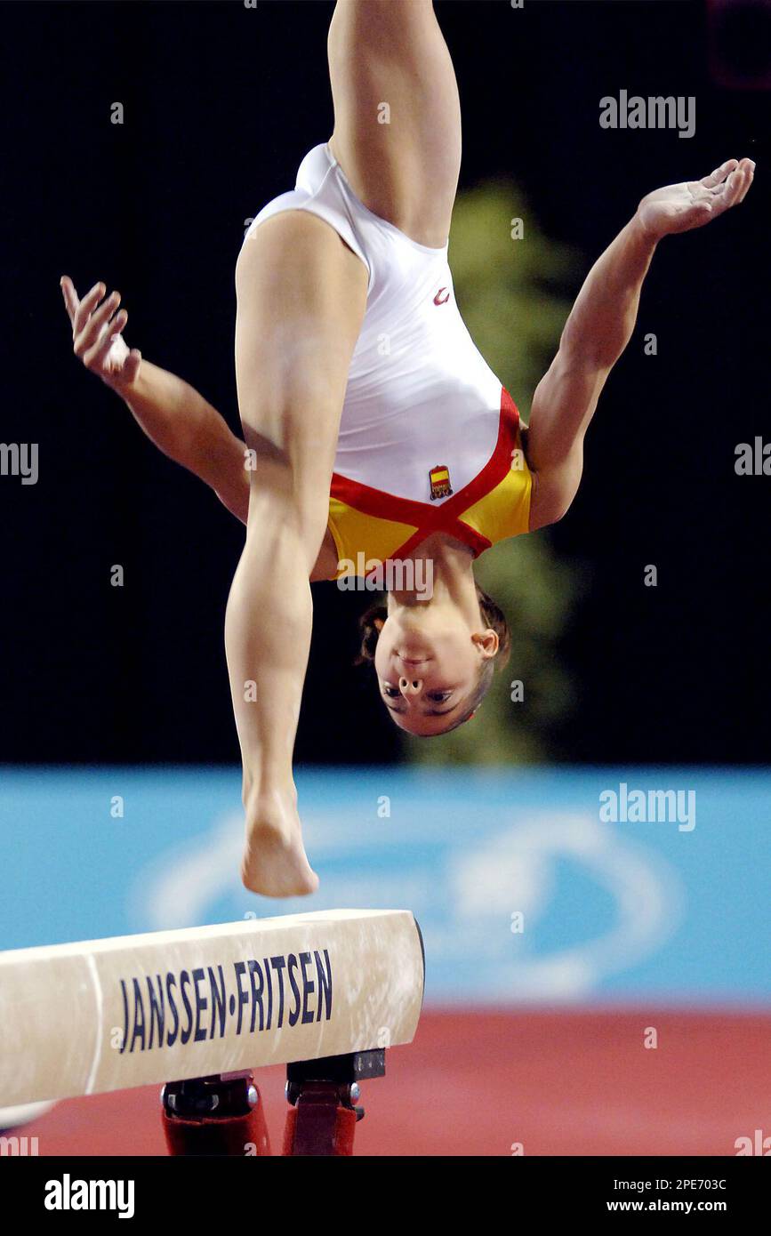 Spain’s Laura Campos performs on the balance beam during the World Cup