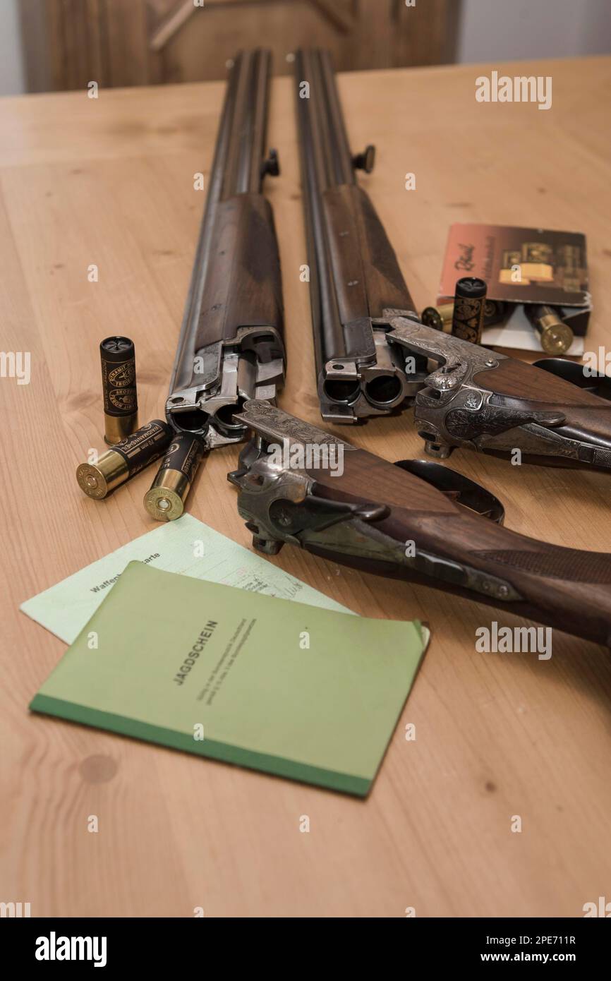 Decorated hunting weapons with ammunition, hunting license and gun