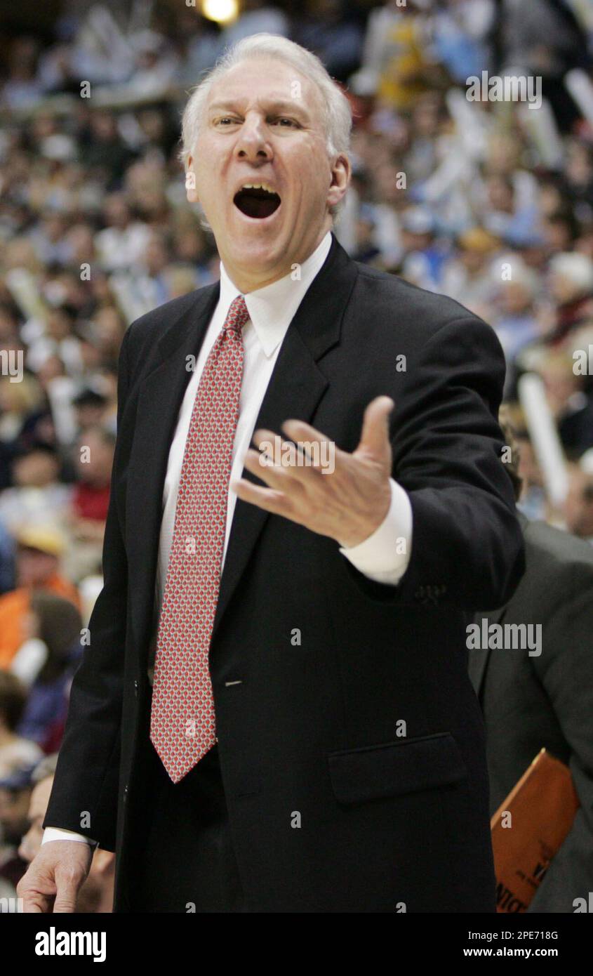 San Antonio Spurs coach Gregg Popovich argues a call with referees in