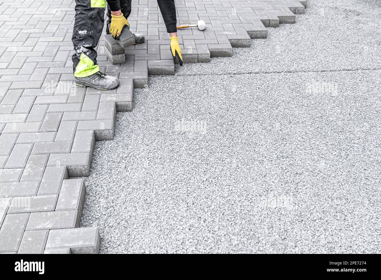 new sidewalk made of concrete interlocking paving blocks Stock Photo