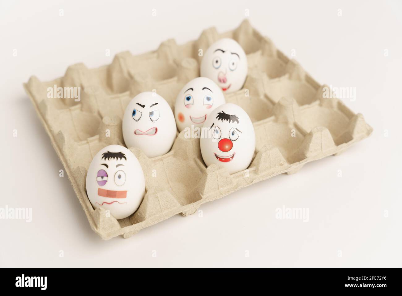 Funny Eggs. Faces on the eggs Eggs Smiles. Studio Stock Photo