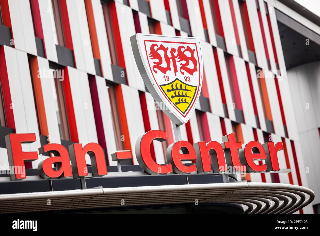 VfB Stuttgart, Fan Centre with club crest in Mercedesstrasse in Bad Cannstatt, Stuttgart, Baden-Wuerttemberg, Germany Stock Photo