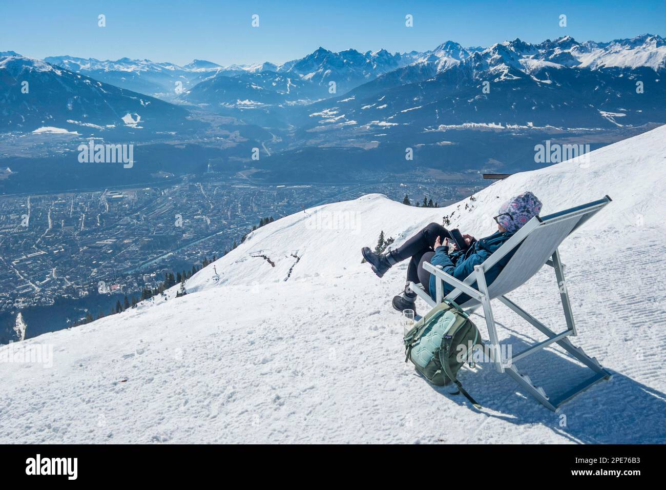 Cloud 9 sun terrace next to Seegruben restaurant, Nordkette ski area Innsbruck, Tyrol Stock Photo
