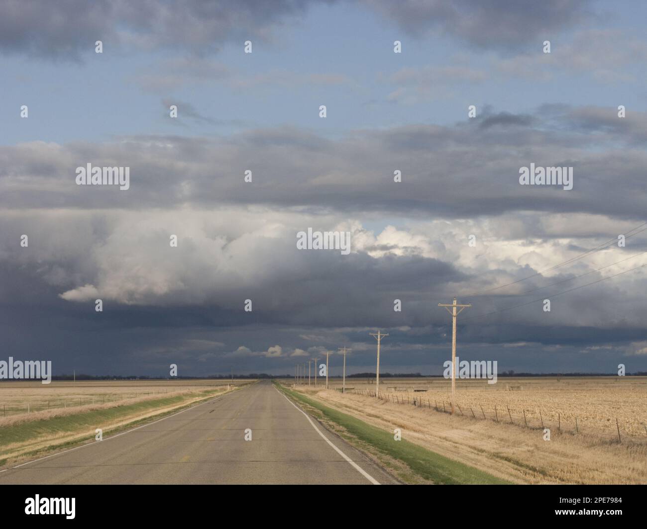 congestus clouds (Cumulus) and rainfall over road through farmland, North Dakota, U. S. A Stock Photo
