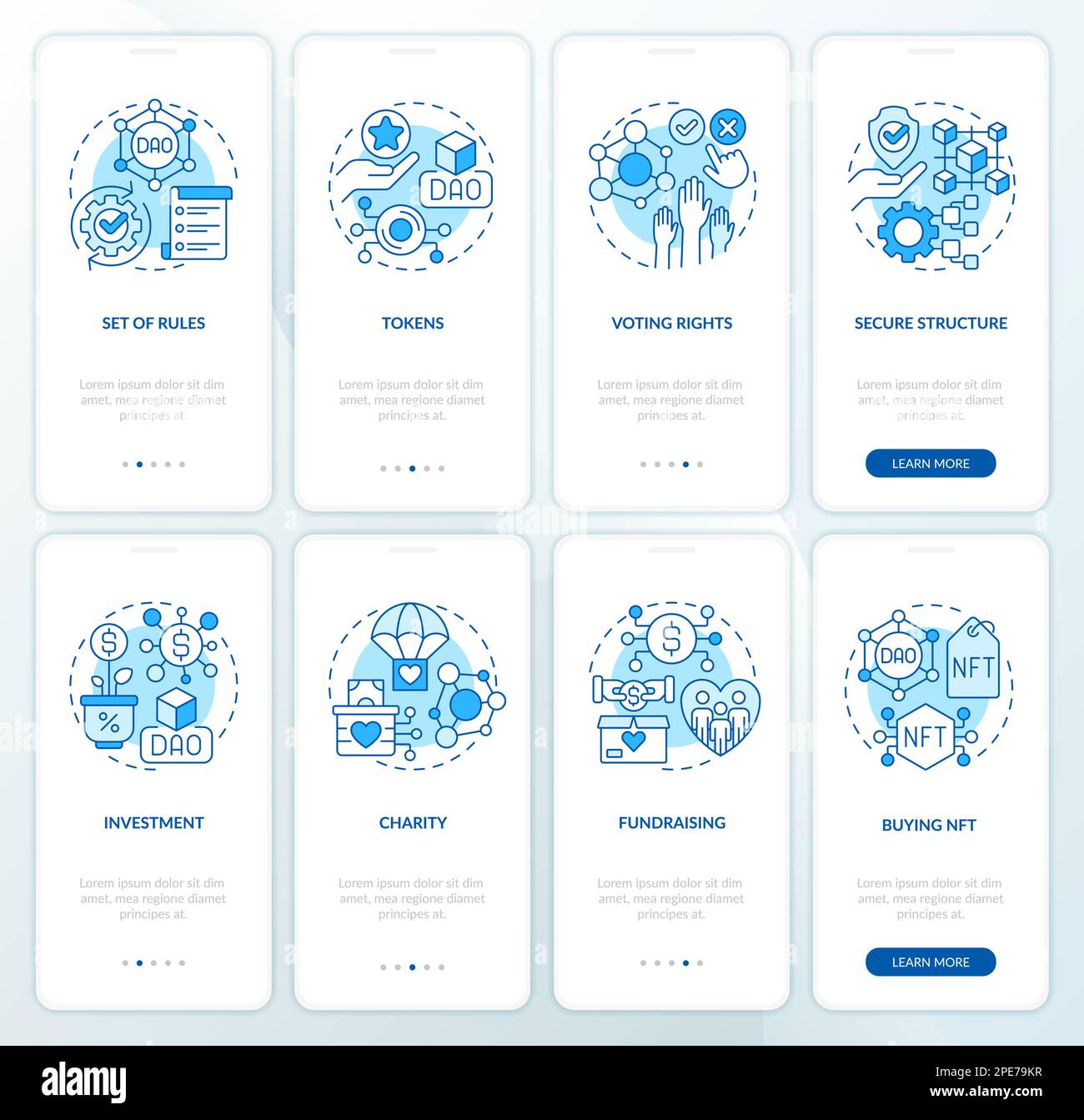 DAO elements and usage purpose blue onboarding mobile app screens set