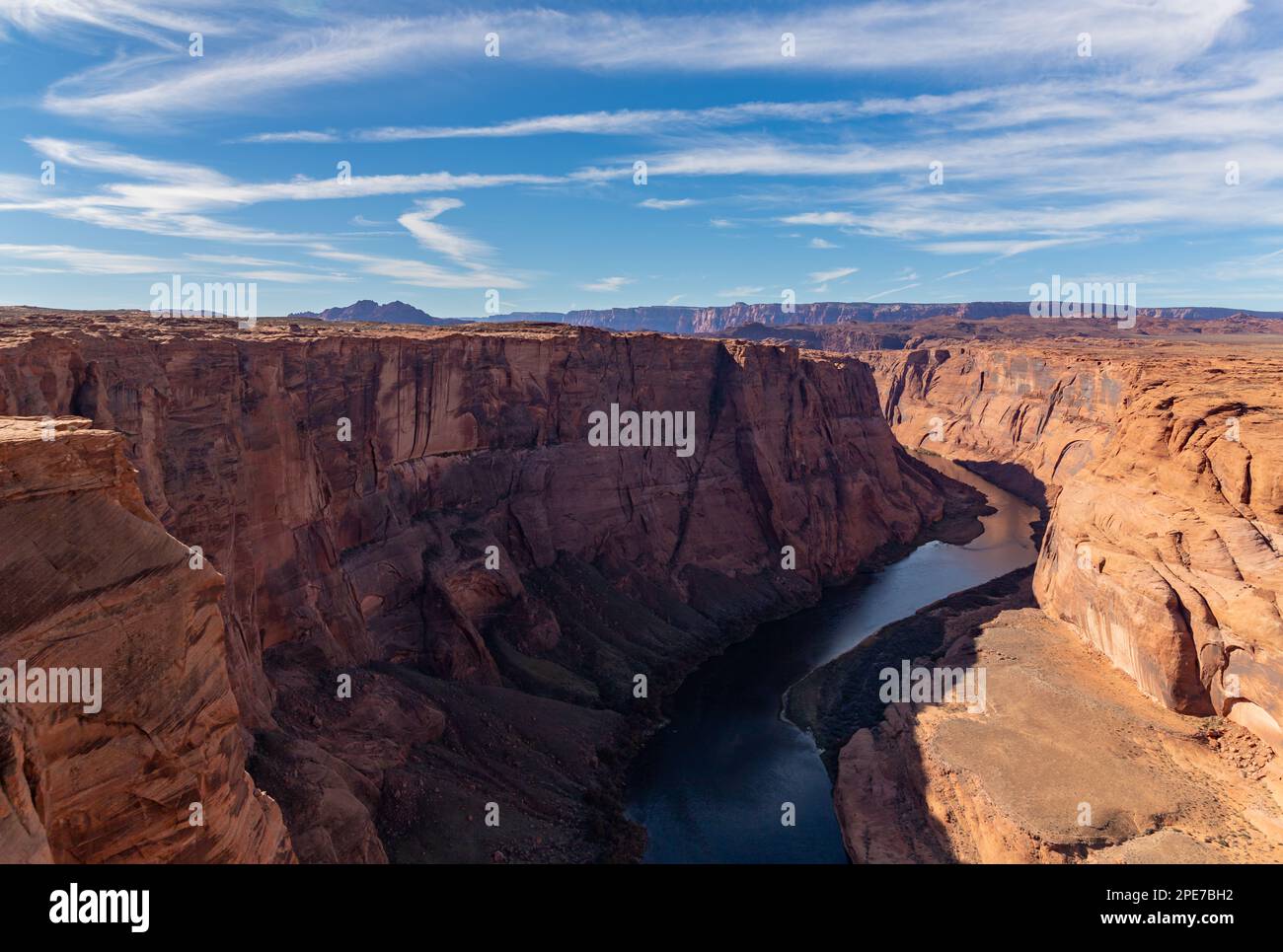 A picture of the Colorado River and the Grand Canyon landscape around next to the Horseshoe Bend. Stock Photo