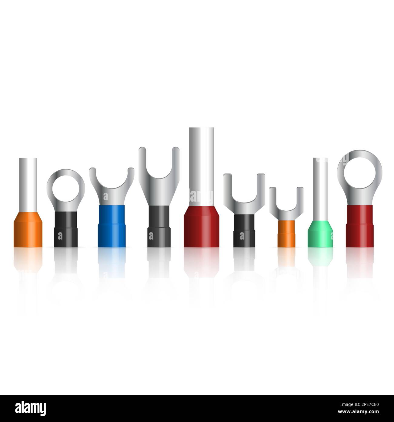 Set of different cable lugs isolated on white background. 3D vector illustration, front view. Stock Vector