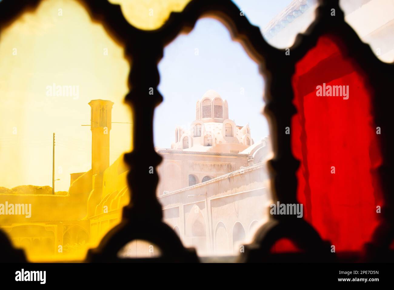 Yellow red white stained glass windows art. Tabatabaei Historical House