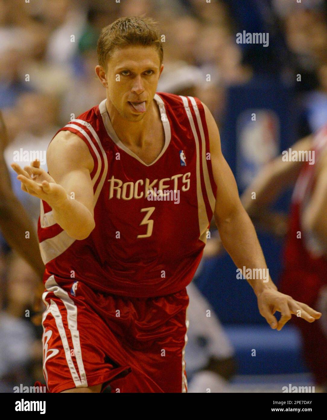 Houston Rockets guard Bob Sura celebrates a 3 point basket against the Dallas Mavericks in the fourth quarter of Game 2 of their first round playoff series Monday April 25 2005 in Dallas. The