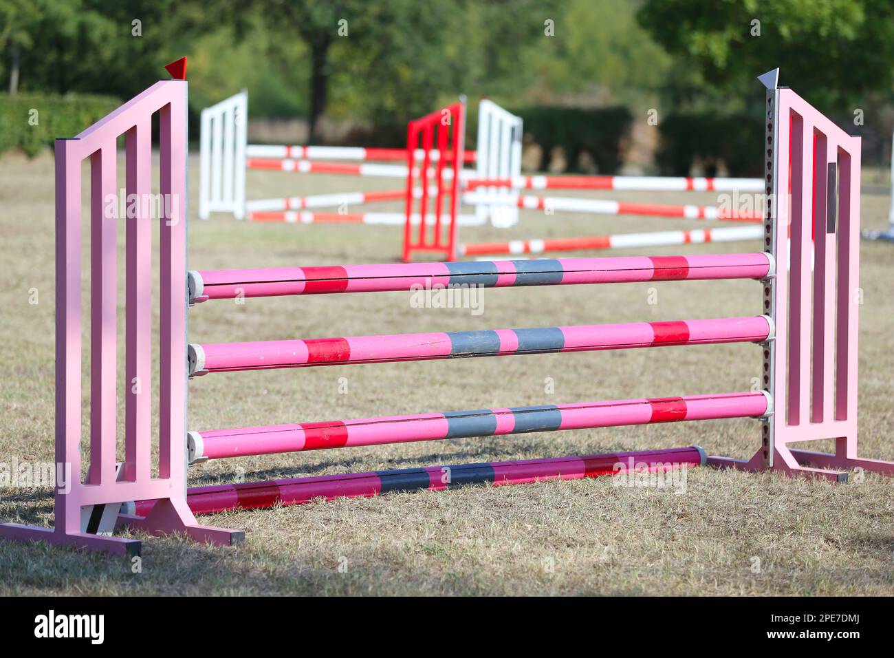 Show jumping poles obstacles, barriers, waiting for riders on show