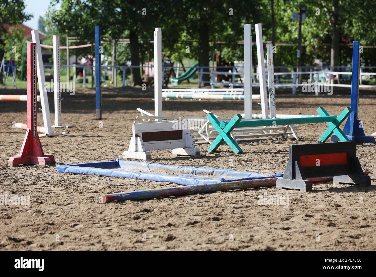 Show jumping poles obstacles, barriers, waiting for riders on show