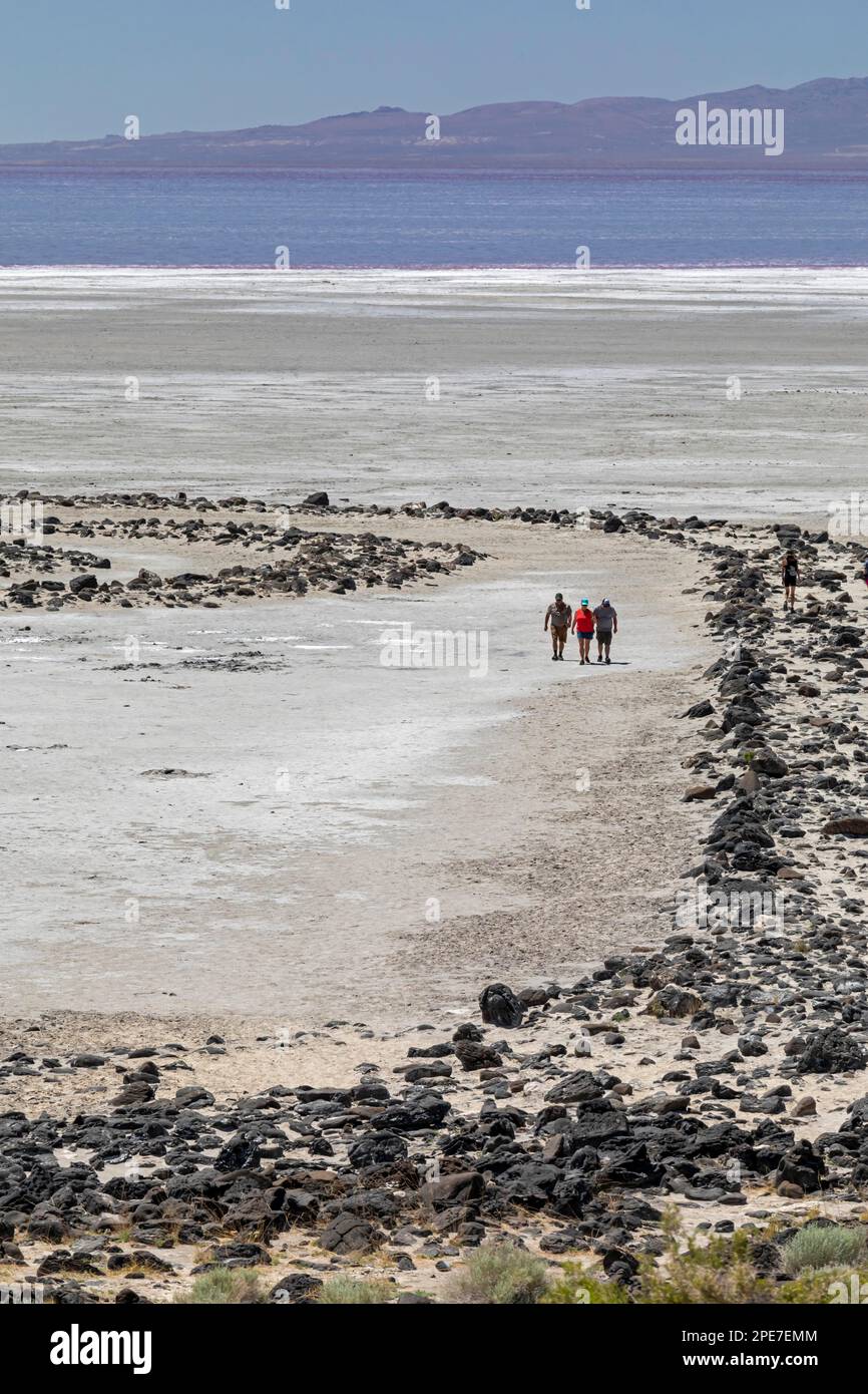 Promontory, Utah, The Spiral Jetty, an earthwork sculpture created by Robert Smithson in 1970 in Great Salt Lake. The sculpture was underwater for 30 Stock Photo