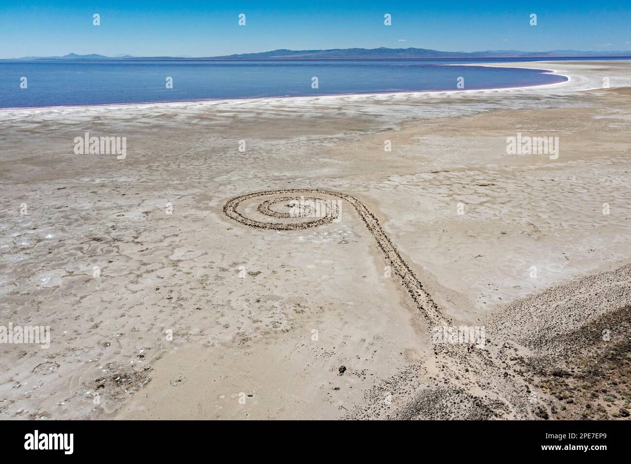 Promontory, Utah, The Spiral Jetty, an earthwork sculpture created by Robert Smithson in 1970 in Great Salt Lake. The sculpture was underwater for 30 Stock Photo