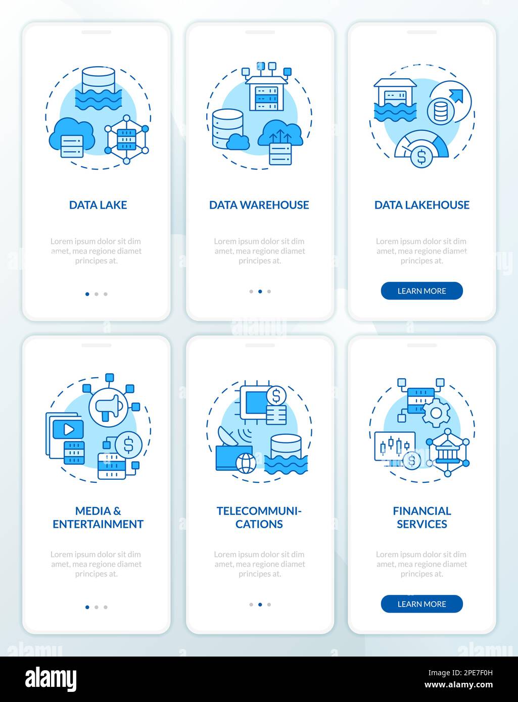 Data lake blue onboarding mobile app screens Stock Vector