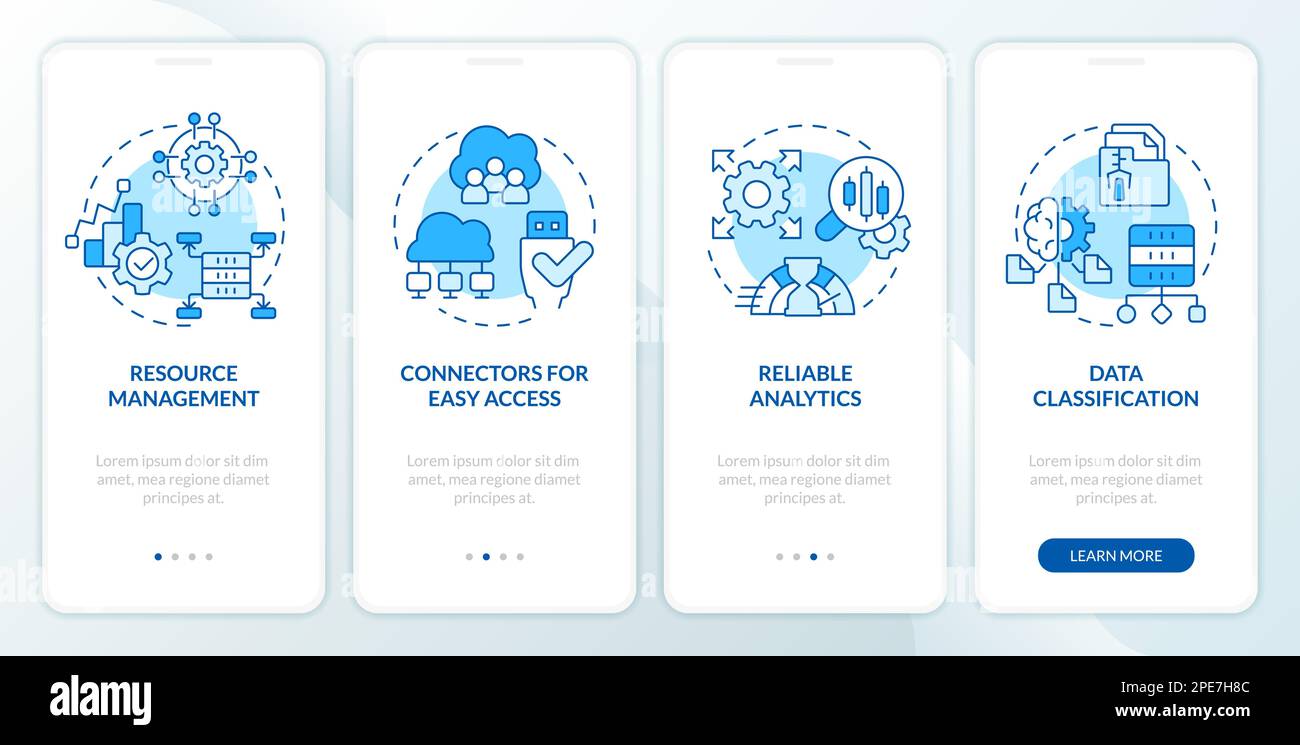 Data lake architecture blue onboarding mobile app screen Stock Vector