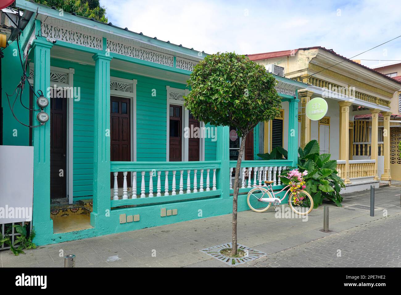 Colonial houses with bicycle in Centro Historico, Old Town of Puerto ...