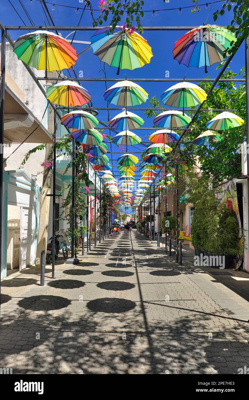 Umbrella Street in Centro Historico, Old Town of Puerto Plata, Dominican Republic, Caribbean, Central America Stock Photo