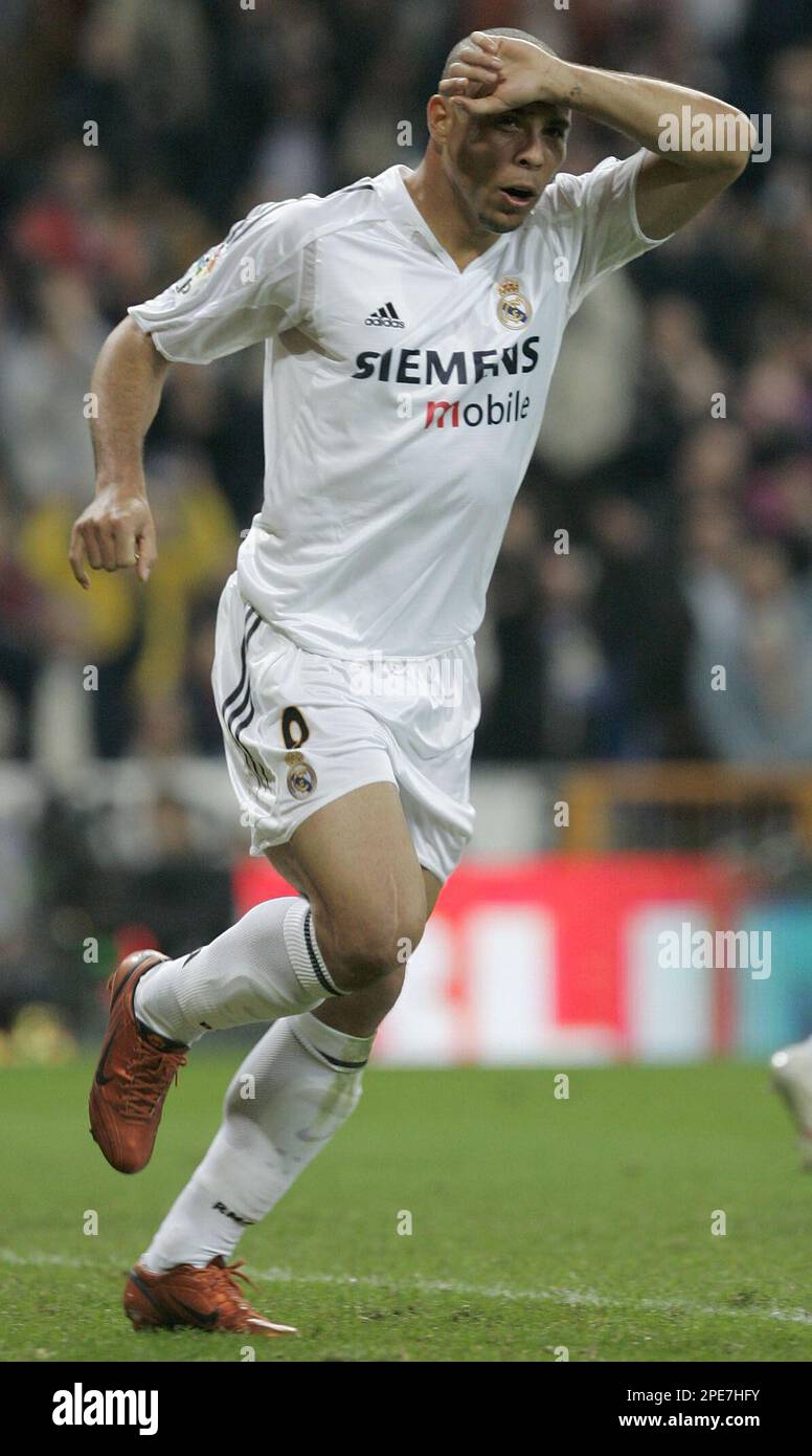 Real Madrid's Brazilian player Ronaldo celebrates after scoring