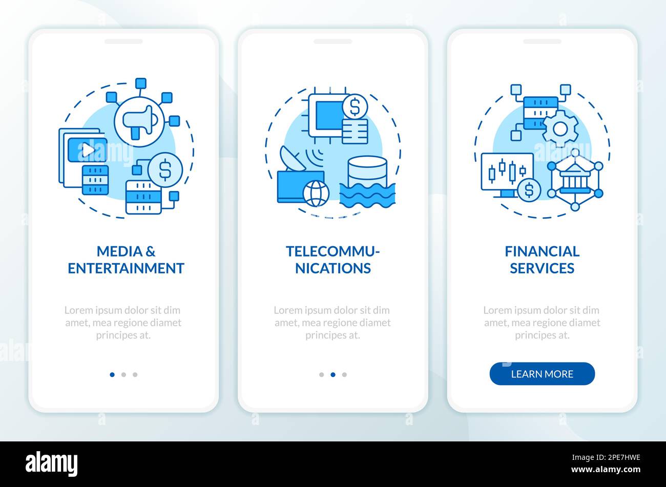 Data lake use cases blue onboarding mobile app screen Stock Vector