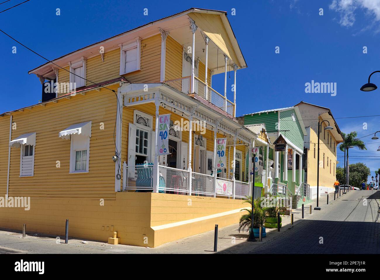 Colonial houses on Calle Duarte in Puerto Plata, Dominican Republic, Caribbean, Central America Stock Photo