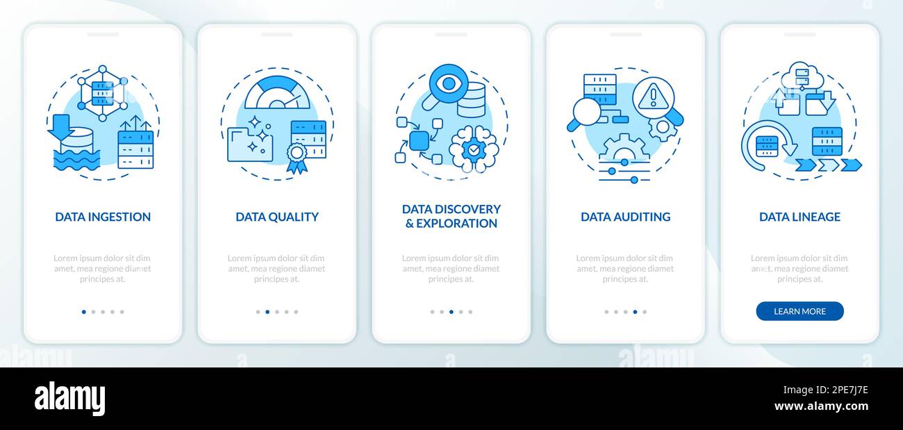 Data lake key concepts blue onboarding mobile app screen Stock Vector
