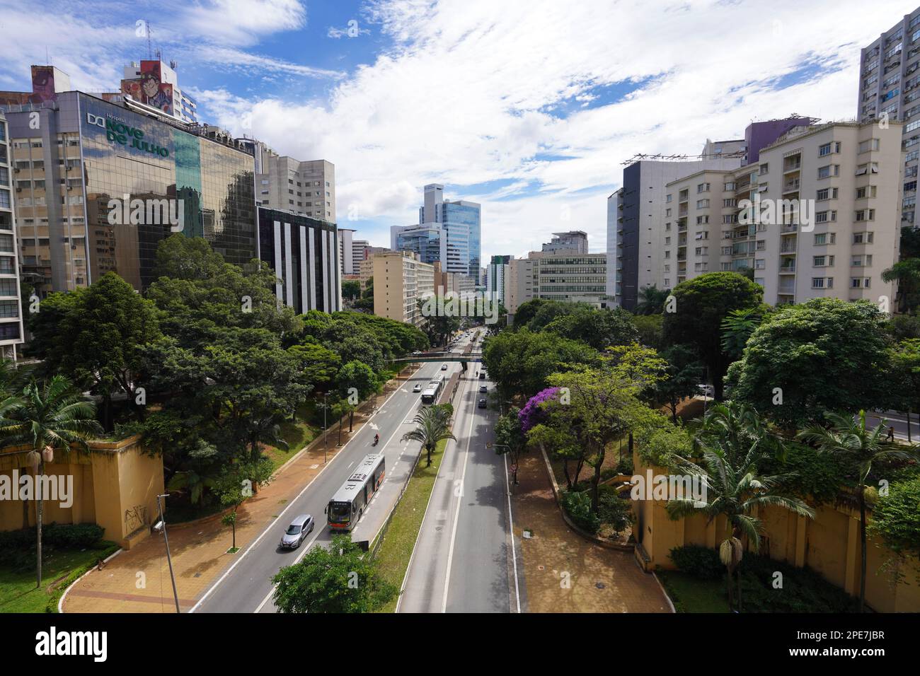 SAO PAULO, BRAZIL MARCH 5, 2023 9 de Julho viewpoint with Nove de Julho Hospital and Sirio SAO PAULO, BRAZIL MARCH 5, 2023 9 de Julho viewpoint with Nove de Julho Hospital and Sirio