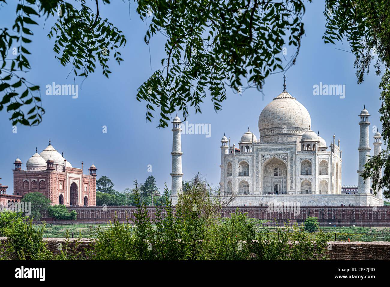 Taj Mahal and the Riverfront Terrace viewed from the opposite bank of the Yamuna river Stock Photo