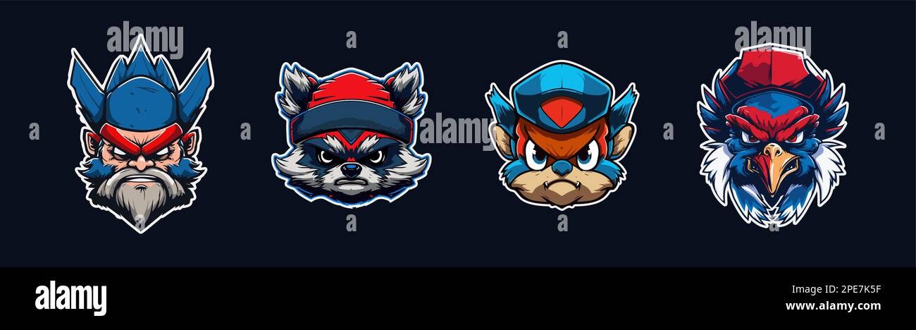 Cartoon animal head, red and blue sport logo collection with white outlined. Angry face of seahawk, raccon, maverick and squirrel characters. Sport Stock Vector